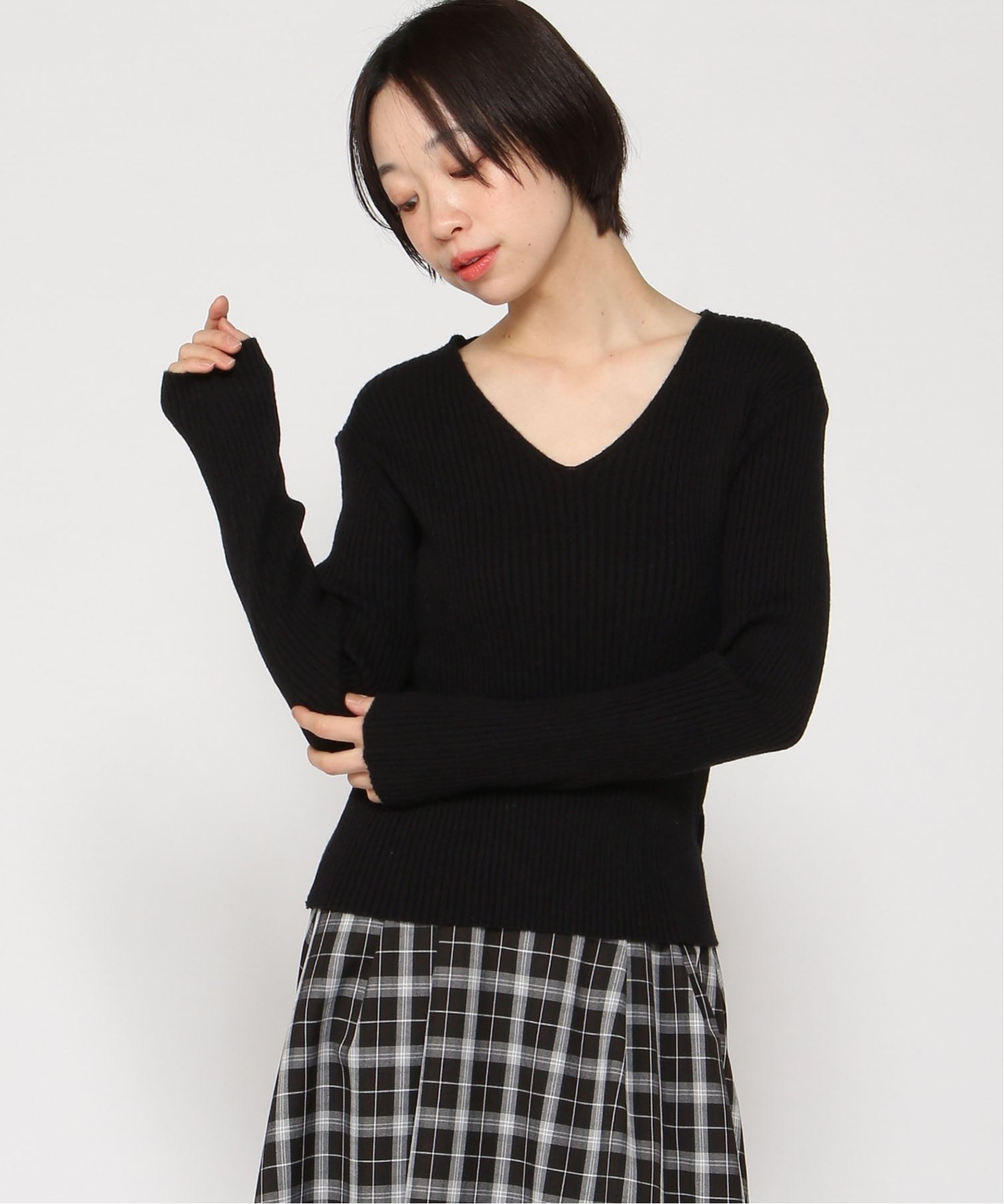 VIVIDLADY VIVIDLADY/(W)Vネック ベーシック リブニットプルオーバー ビビッドレディー トップス ニット ブラック ブルー レッド ホワイト グリーン