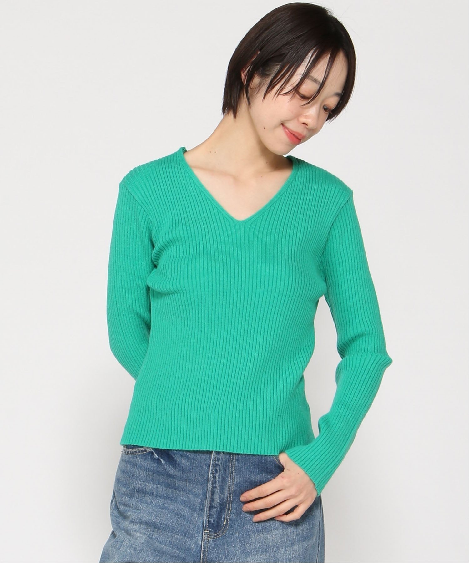 VIVIDLADY VIVIDLADY/(W)Vネック ベーシック リブニットプルオーバー ビビッドレディー トップス ニット ブラック ブルー レッド ホワイト グリーン