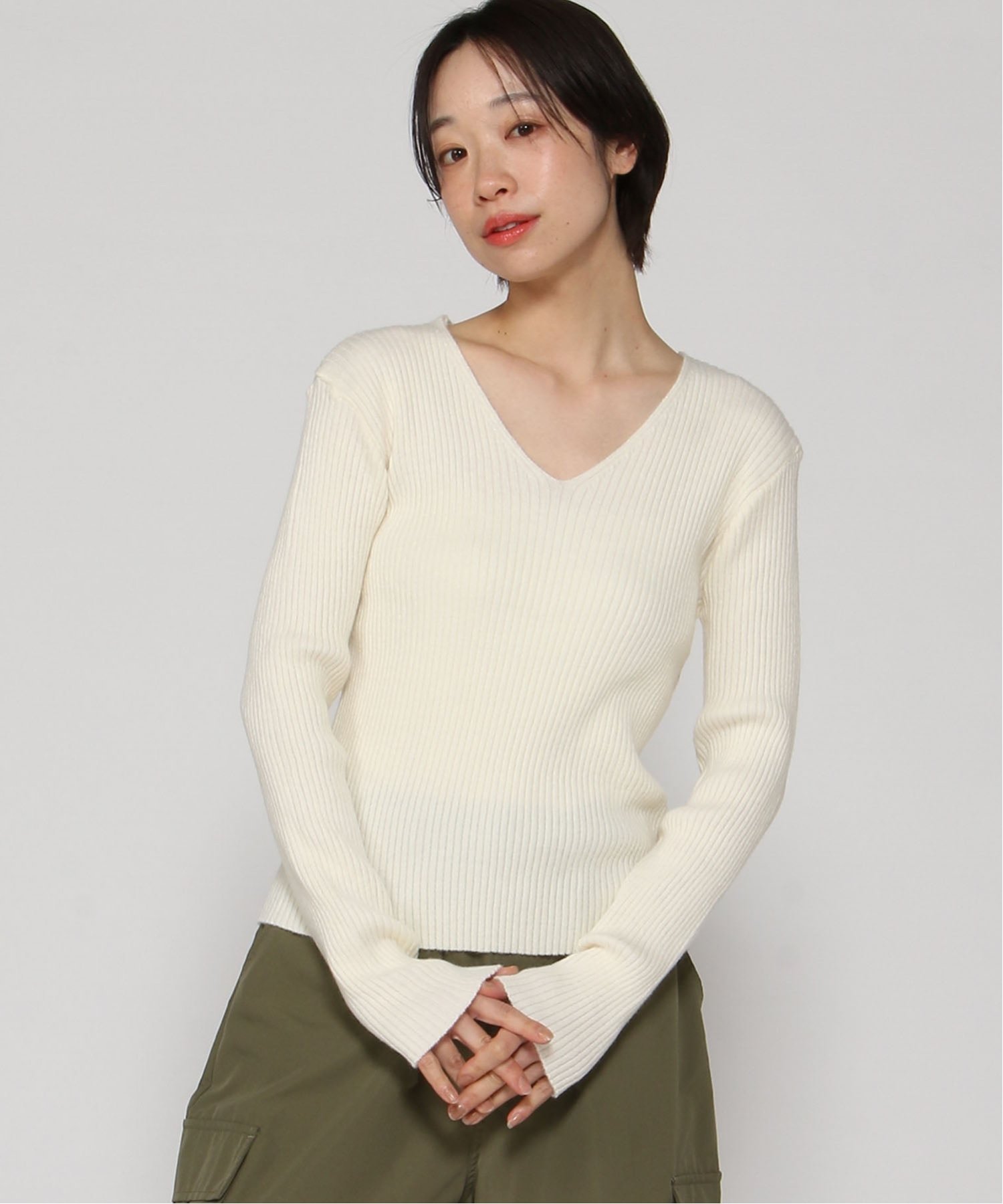 VIVIDLADY VIVIDLADY/(W)Vネック ベーシック リブニットプルオーバー ビビッドレディー トップス ニット ブラック ブルー レッド ホワイト グリーン