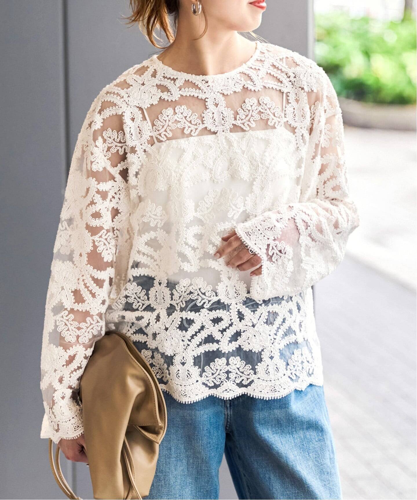 Spick & Span 《WEB限定 / 追加》コードエンブロイダリーチュールブラウス スピックアンドスパン トップス シャツ・ブラウス ホワイト