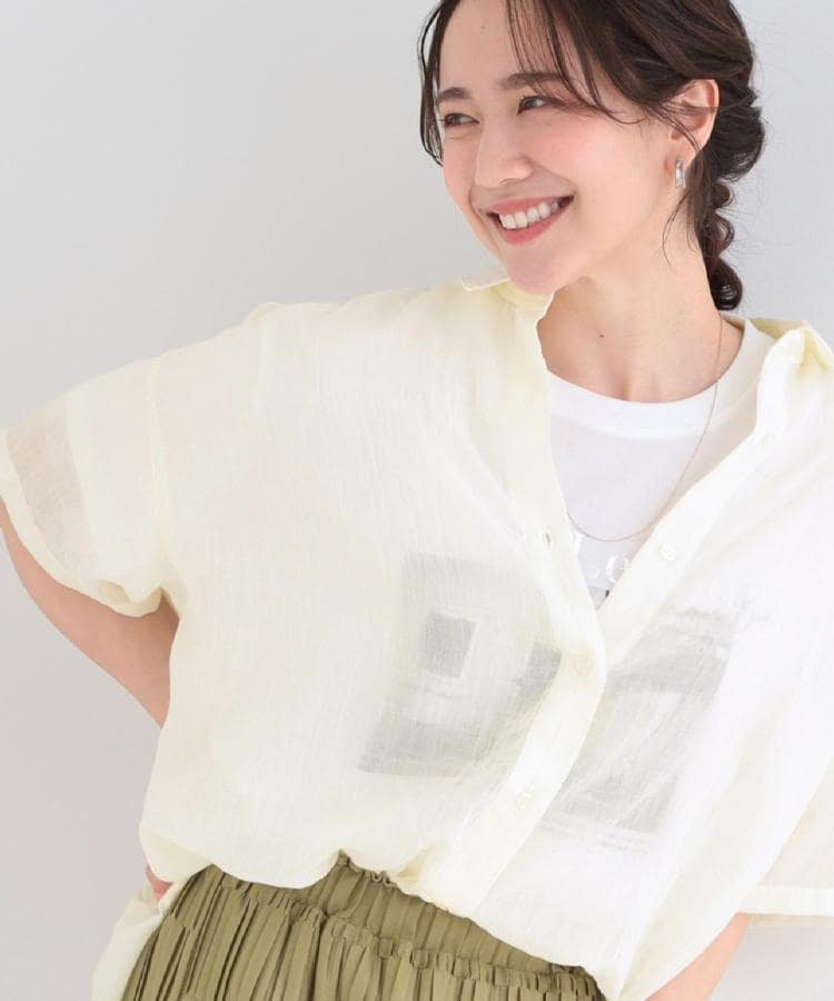 【SALE／5%OFF】SHOO・LA・RUE 【体型カバー】ふんわり質感 やわらかこなれ5分袖シアーシャツ シューラルー トップス シャツ・ブラウス ピンク ブルー ホワイト グレー