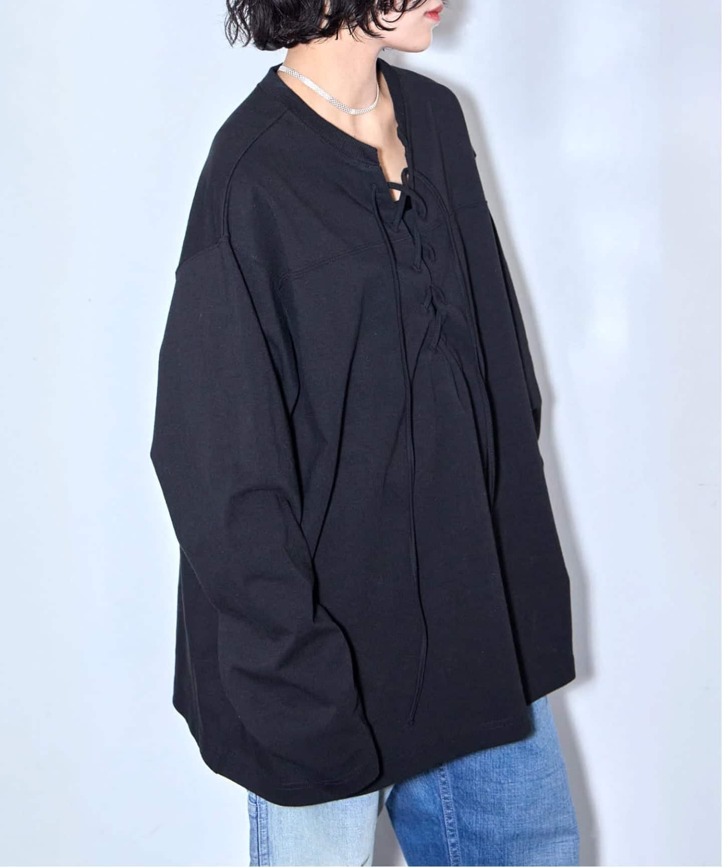 CITYSHOP 《追加予約2》レースアップロングTシャツ シティーショップ トップス カットソー・Tシャツ ホワイト ブラック