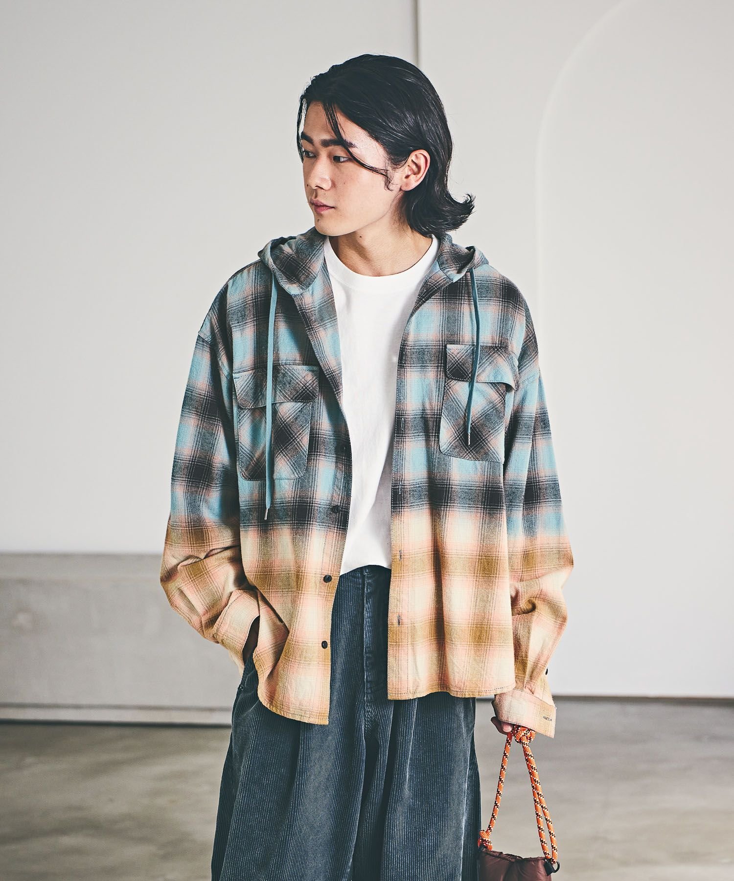 【SALE／20%OFF】BAYFLOW ブリーチフードチェックシャツ ベイフロー トップス シャツ・ブラウス ブルー..