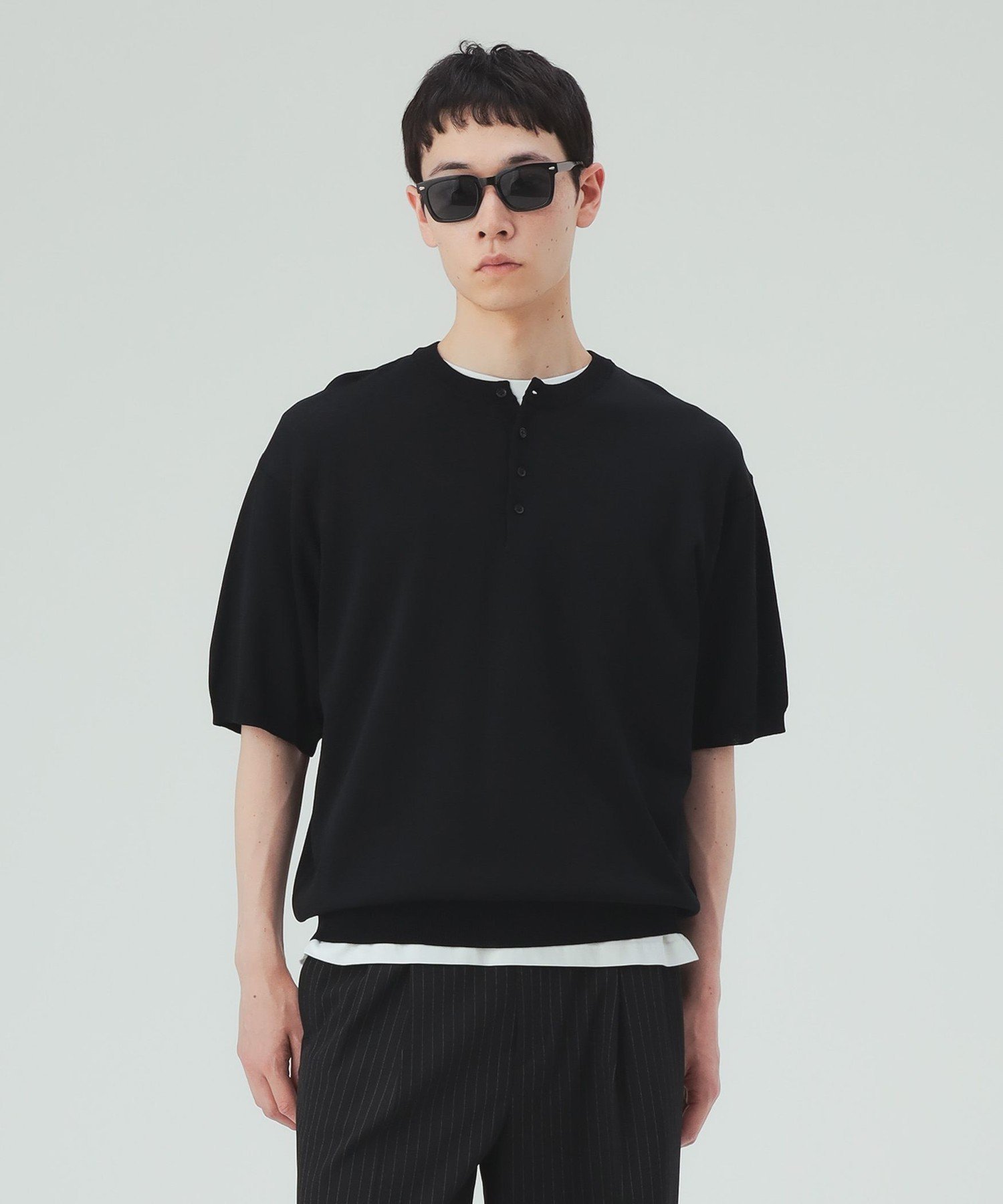 MEN 【7/16値下げ】ヘンリーネック ショートスリーブ ニット(接触冷感) ビームス ハート トップス カットソー・Tシャツ グレー ブラック ネイビー ブラウン