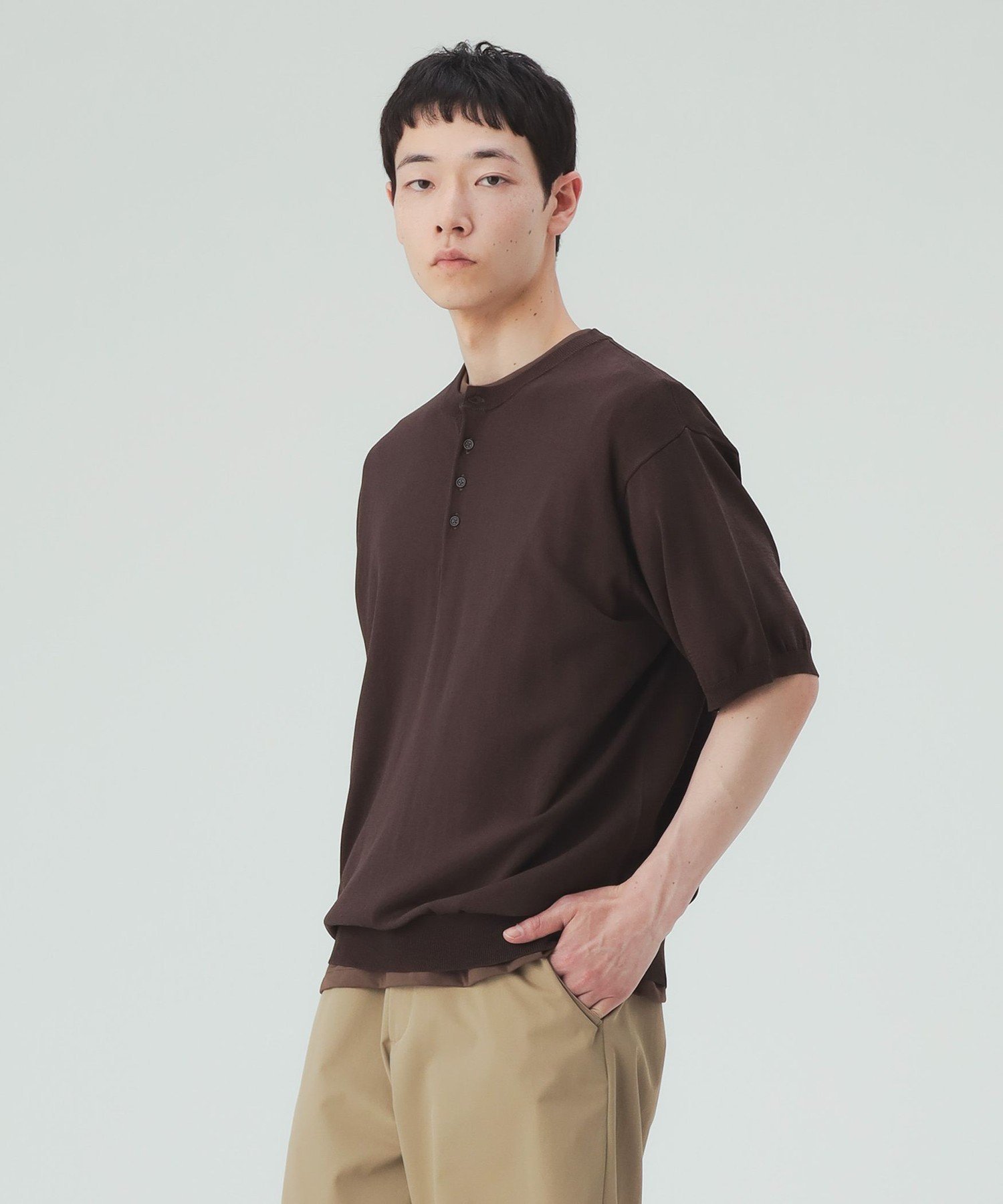 MEN 【7/16値下げ】ヘンリーネック ショートスリーブ ニット(接触冷感) ビームス ハート トップス カットソー・Tシャツ グレー ブラック ネイビー ブラウン