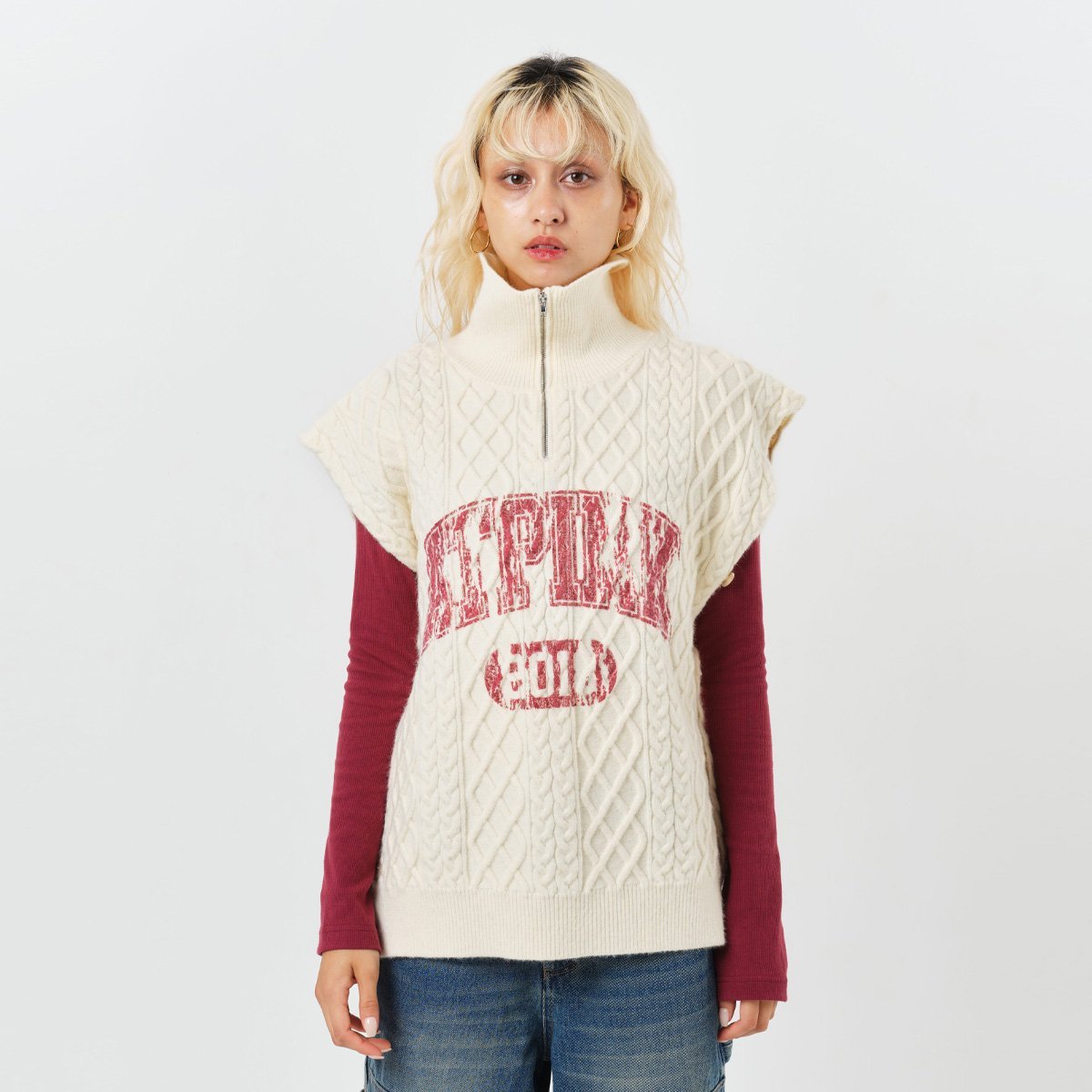 atmos pink atmos pink College Cable Knit Vest WHITE アトモス トップス ベスト・ジレ ホワイト【送料無料】