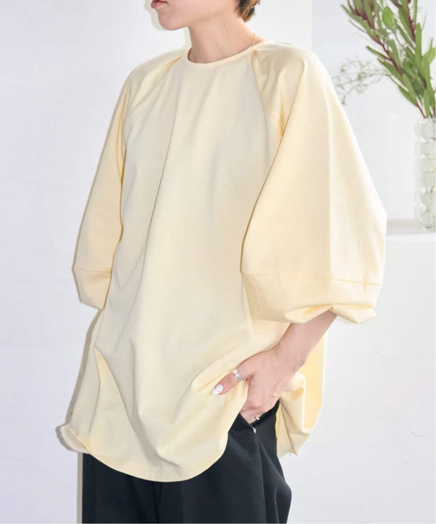 《予約》[THE MOOD] パフスリーブ ロンTEE:カットソー シティーショップ トップス カットソー・Tシャツ ブラック イエロー ホワイト