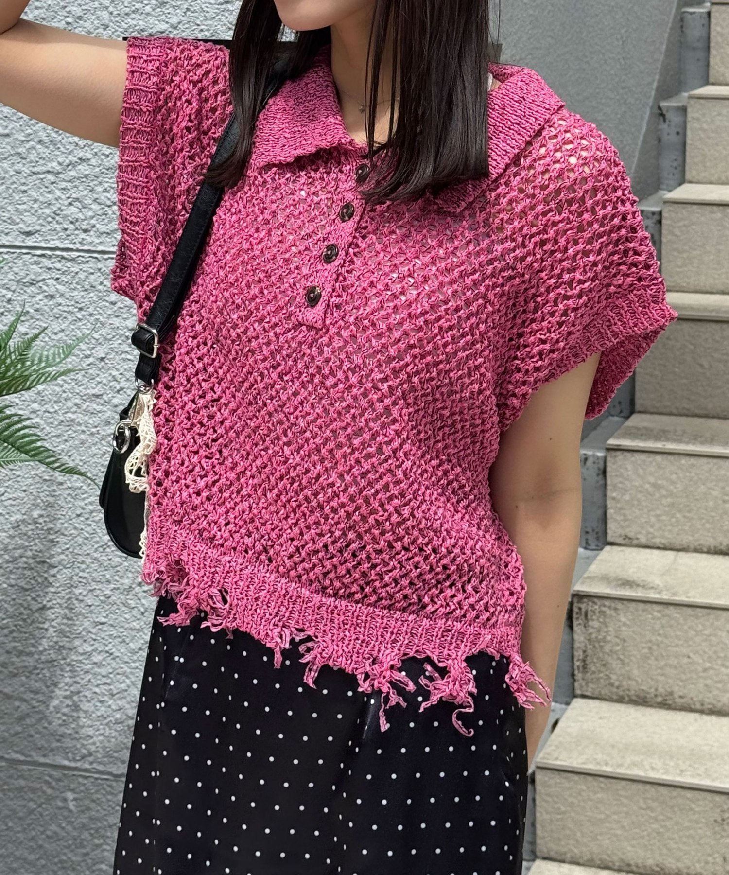 PAL GROUP OUTLET 【Ciaopanic】ペーパーヤーンダメージニットポロベスト パル グループ アウトレット トップス ニット ネイビー ピンク