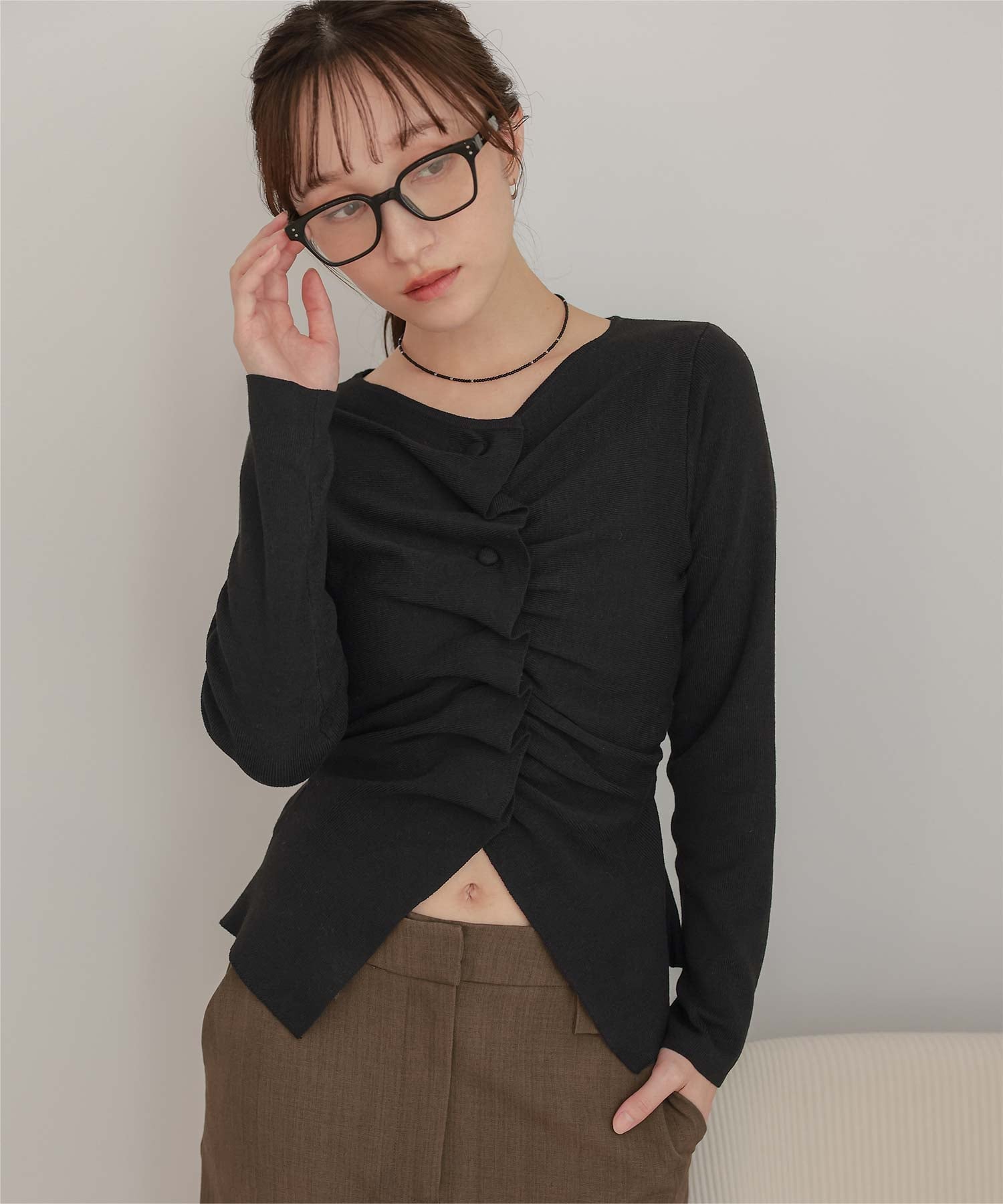 miette フロントギャザー ボタン ニット ミエット miette トップス ティティベイト トップス ニット ブラック グレー ブラウン ネイビー