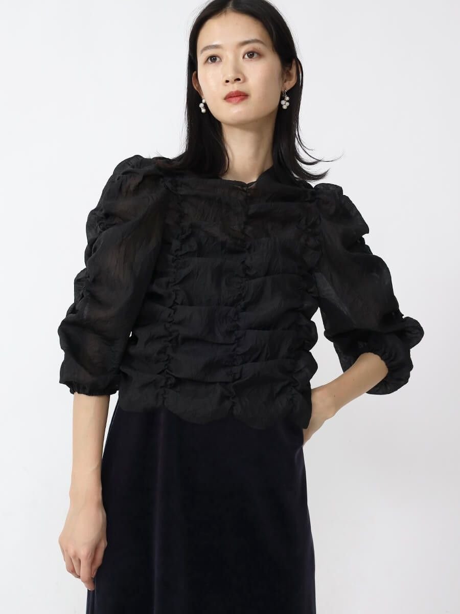 resil シャーリングシアーブラウス ラシュッド トップス シャツ・ブラウス ホワイト ブラック【送料無料】