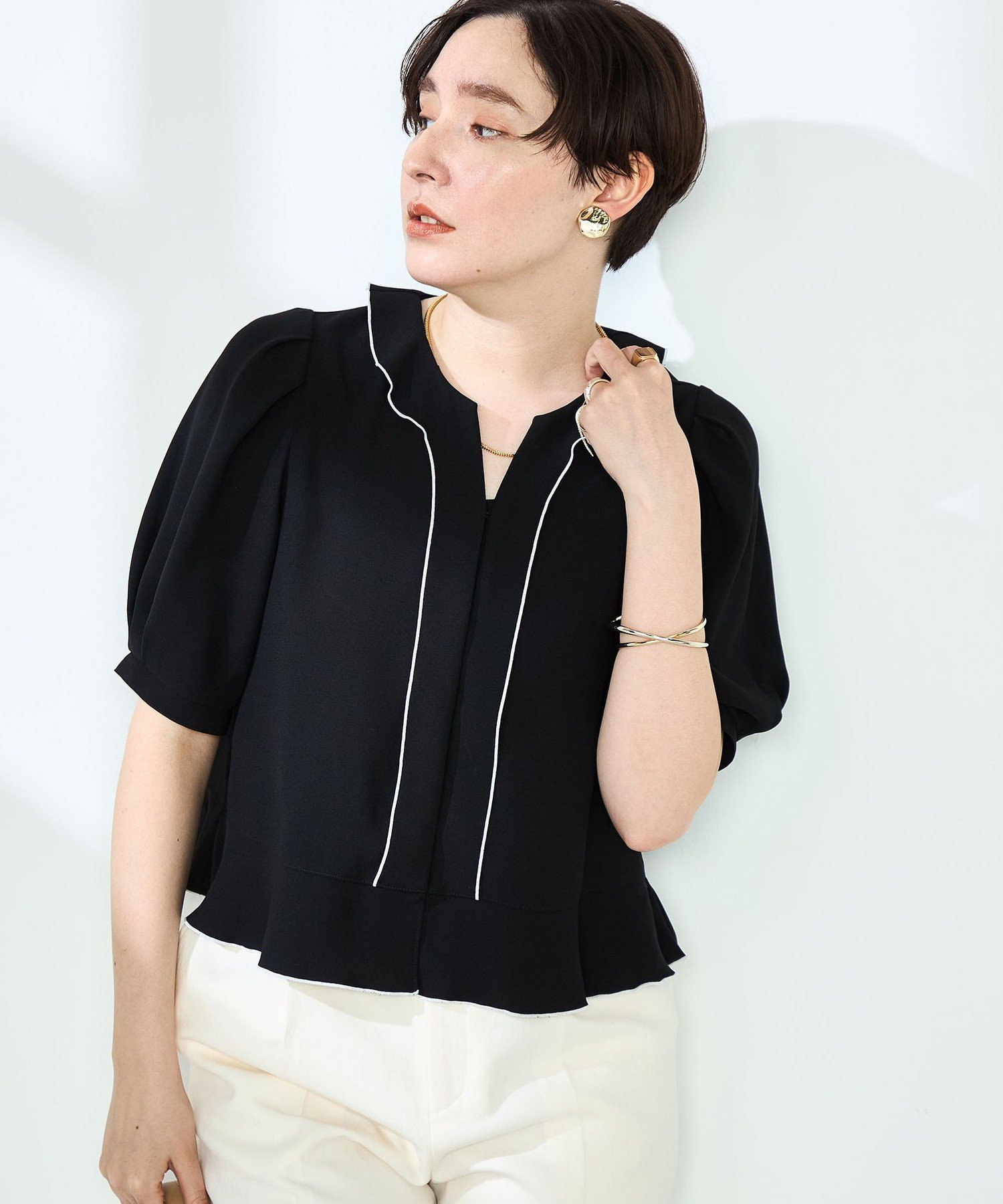 【SALE／30%OFF】NOLLEY'S ストレッチジョーゼット配色フリルブラウス ノーリーズ トップス シャツ・ブラウス ホワイト ブラック ネイビー【送料無料】
