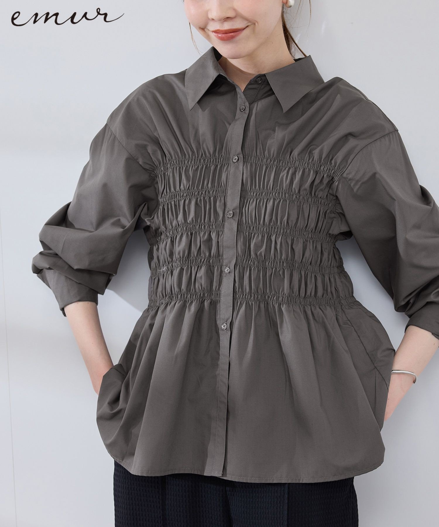 ROPE' PICNIC 【WEB限定】【emur/エミュール】シャーリングシャツ ロペピクニック トップス シャツ・ブラウス ブルー グレー ホワイト【送料無料】のサムネイル