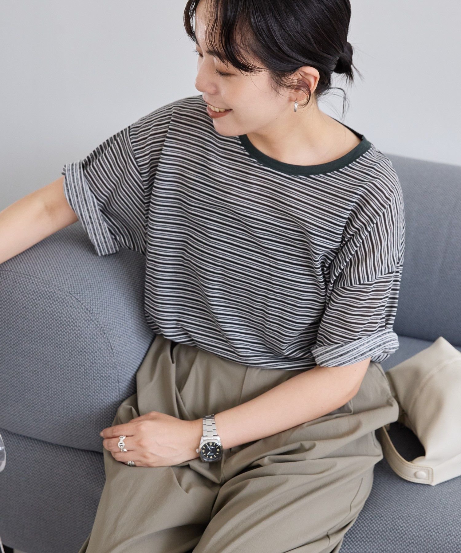 【SALE／45%OFF】AMERICAN HOLIC シアーレトロボーダー半袖プルオーバー アメリカン ホリック トップス カットソー・Tシャツ ベージュ ブラウン ブラックのサムネイル