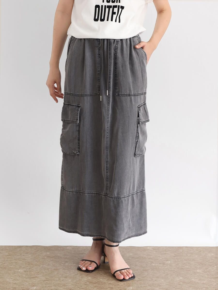 CLOVE テンセルデニムカーゴスカート ラシュッド スカート ロング・マキシスカート ブルー ブラック【..