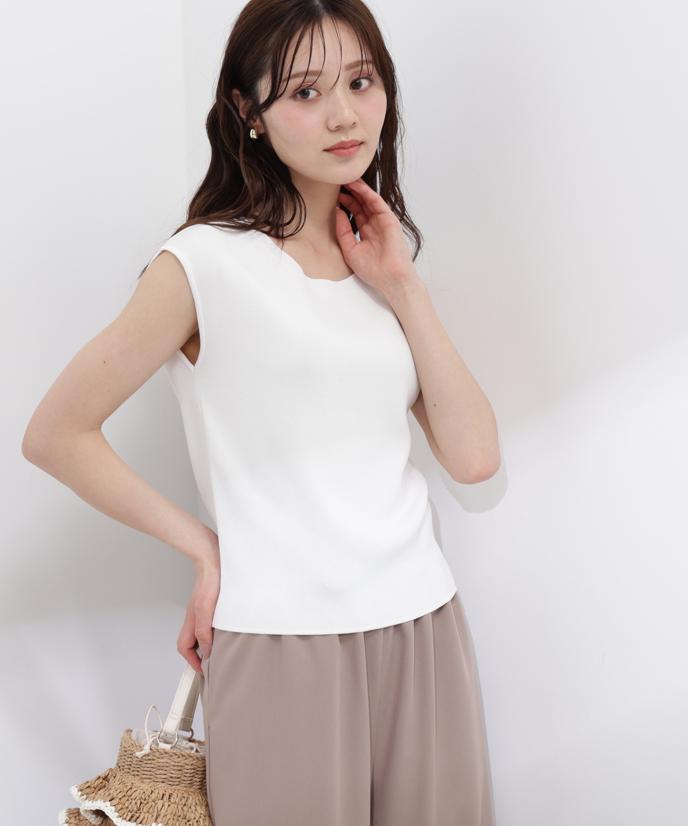 PROPORTION BODY DRESSING ＜ウォッシャブル/UVカット＞フレンチスリーブ総針ニット プロポーションボディドレッシング トップス ニット ブルー ホワイト レッド グレー ブラック