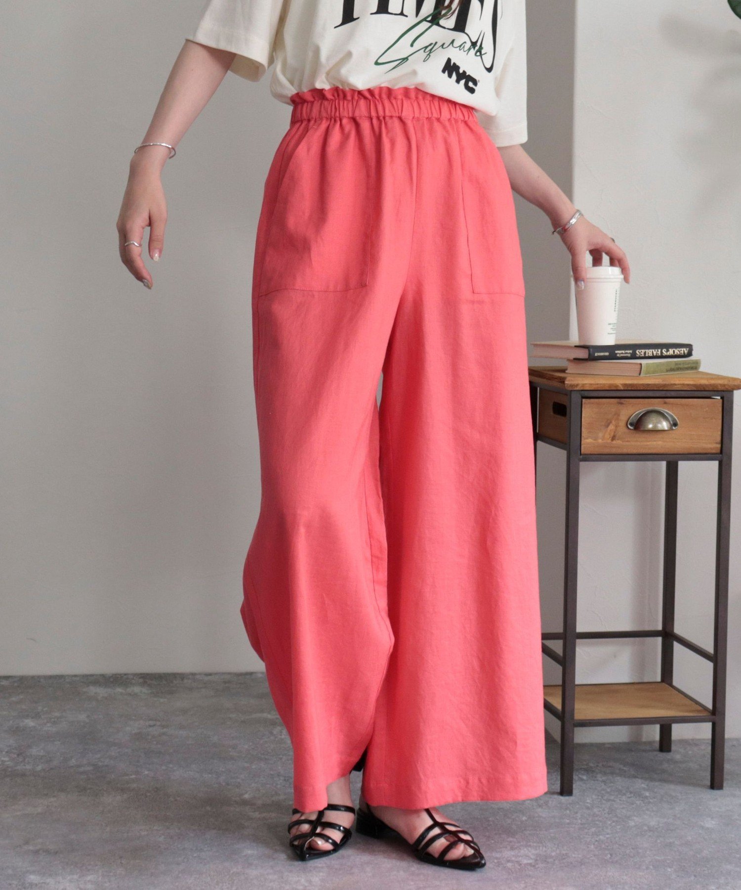 【SALE／20%OFF】fredy emue デニム/リネン混イージーワイドパンツ フレディ アンド グロスター パンツ その他のパンツ ピンク イエロー ブルー グリーン【送料無料】のサムネイル