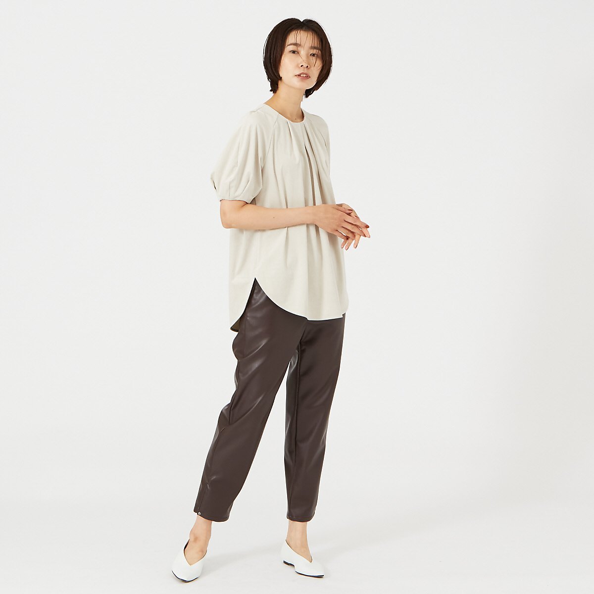 qualite トリコットスェードカットソー カリテ トップス カットソー・Tシャツ グリーン ベージュ