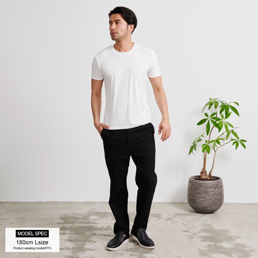 CavariA ジャガードチェック半袖クルーネックTシャツ シルバーバレット トップス カットソー・Tシャツ ブラック ホワイト