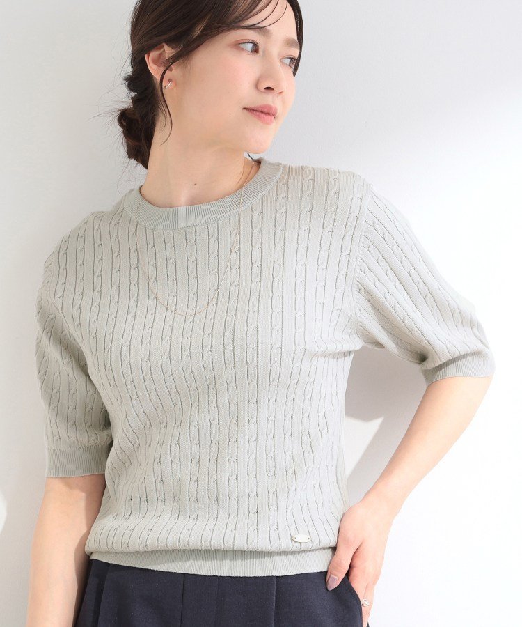 【SALE／5%OFF】SHOO・LA・RUE 【洗濯機可/S-LL】ミニケーブルで上品に 5分袖ニット シューラルー トップス ニット ネイビー