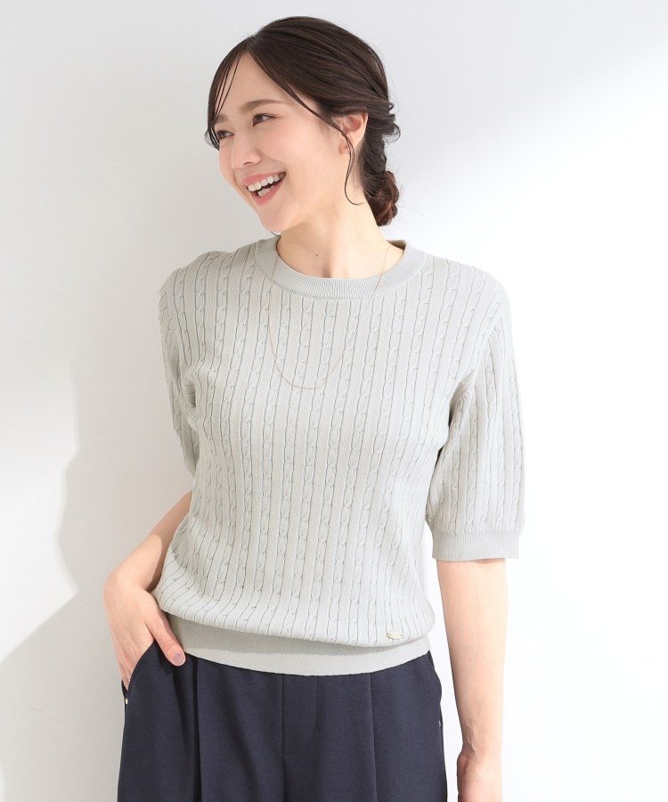 SHOO・LA・RUE 【洗濯機可/S-LL】ミニケーブルで上品に 5分袖ニット シューラルー トップス ニット ネイビー