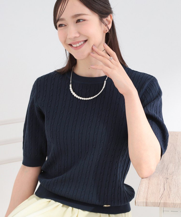 SHOO・LA・RUE 【洗濯機可/S-LL】ミニケーブルで上品に 5分袖ニット シューラルー トップス ニット ネイビー