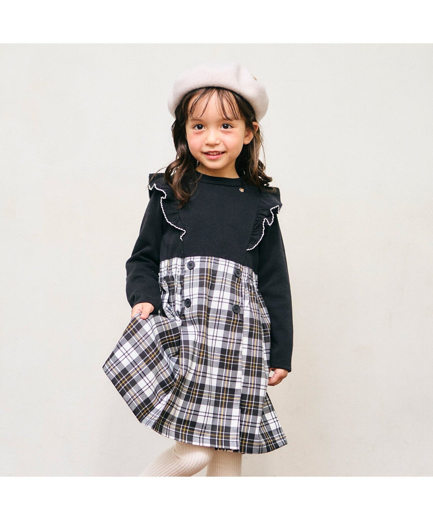 【SALE／10%OFF】apres les cours チェック・ツイードドッキングワンピース エフオーオンラインストア ワンピース・ドレス ワンピース ブラック ホワイト パープルのサムネイル