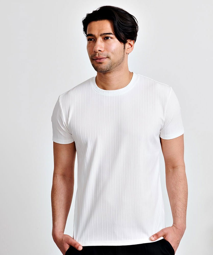 CavariA テレコジャガード半袖クルーネックTシャツ シルバーバレット トップス カットソー・Tシャツ ブラック ホワイト