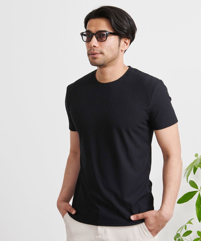 CavariA テレコジャガード半袖クルーネックTシャツ シルバーバレット トップス カットソー・Tシャツ ブラック ホワイト