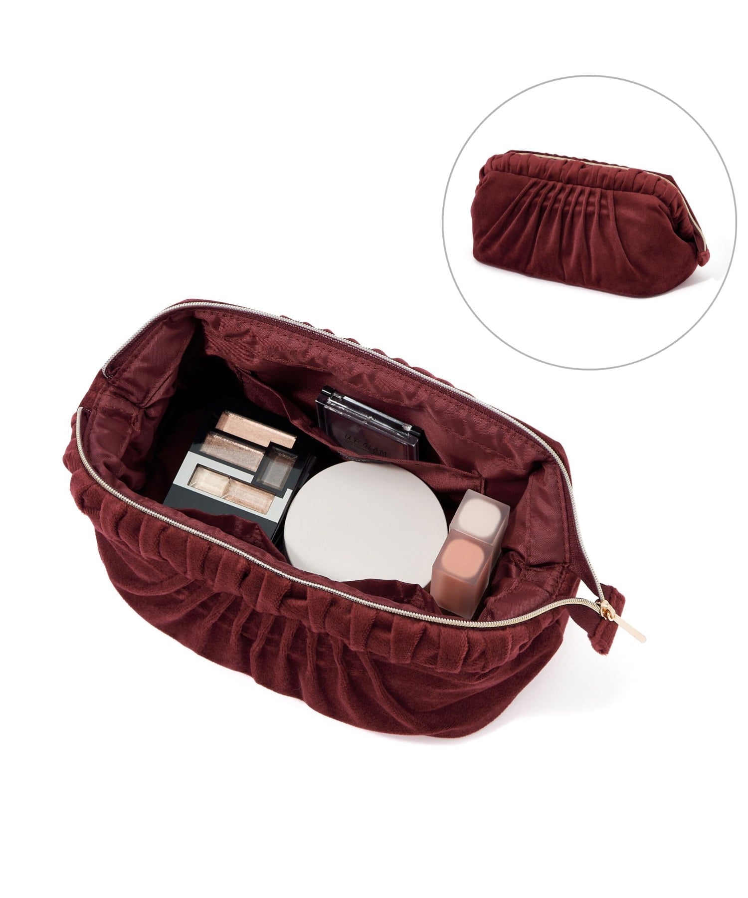 Francfranc ベロアプリーツ ワイヤーポーチ ワイン ポケット付き 化粧ポーチ コスメ収納 フランフラン ..