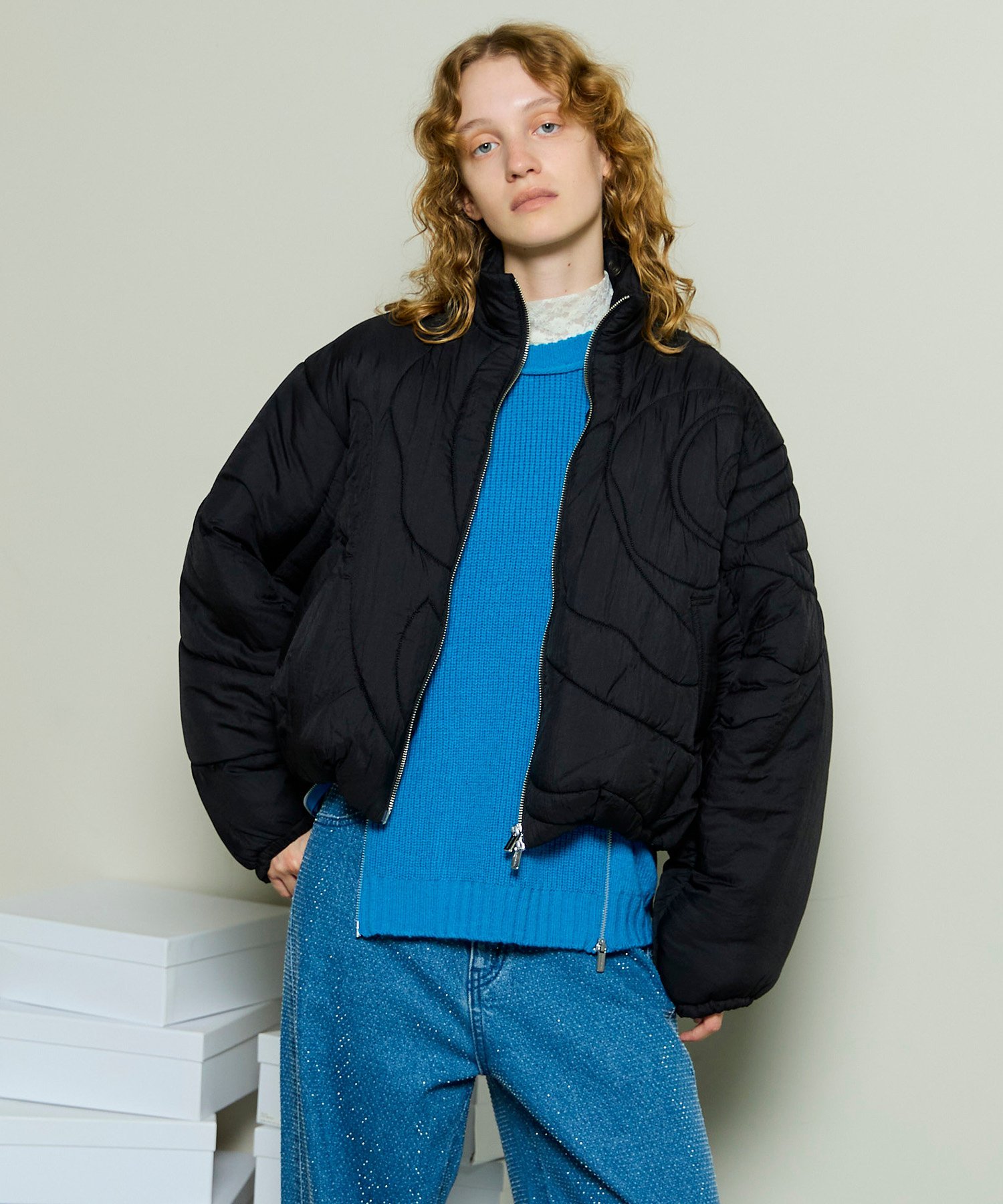 MAISON SPECIAL ローズキルティング中綿ジャケット メゾンスペシャル ジャケット・アウター ダウンジャケット・ダウンベスト ブラック ホワイト レッド【送料無料】のサムネイル