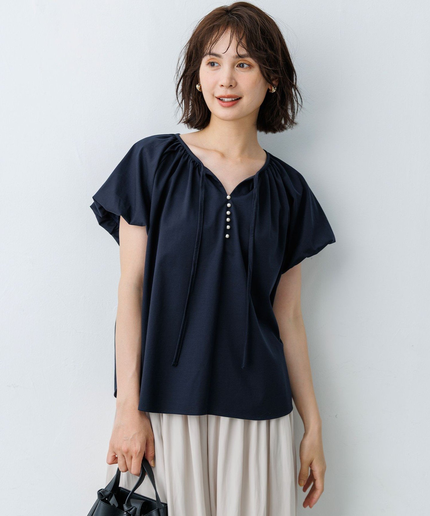組曲 S プレーティング天竺 バルーンスリーブ カットソー クミキョク トップス カットソー・Tシャツ ネイビー ホワイト