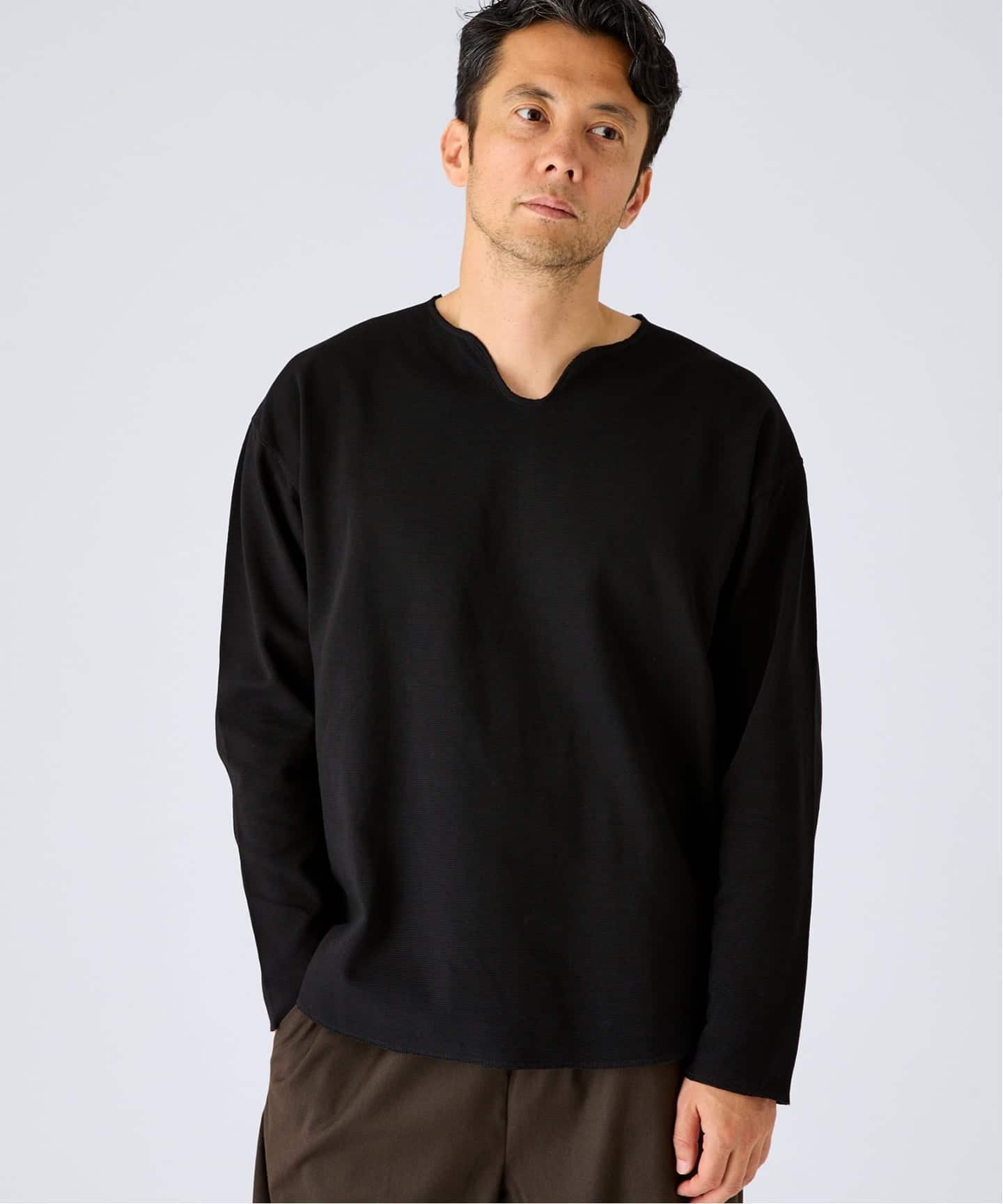 スパン フライス キーネック ロング Tシャツ エディフィス トップス カットソー・Tシャツ ブラック グレー ホワイト