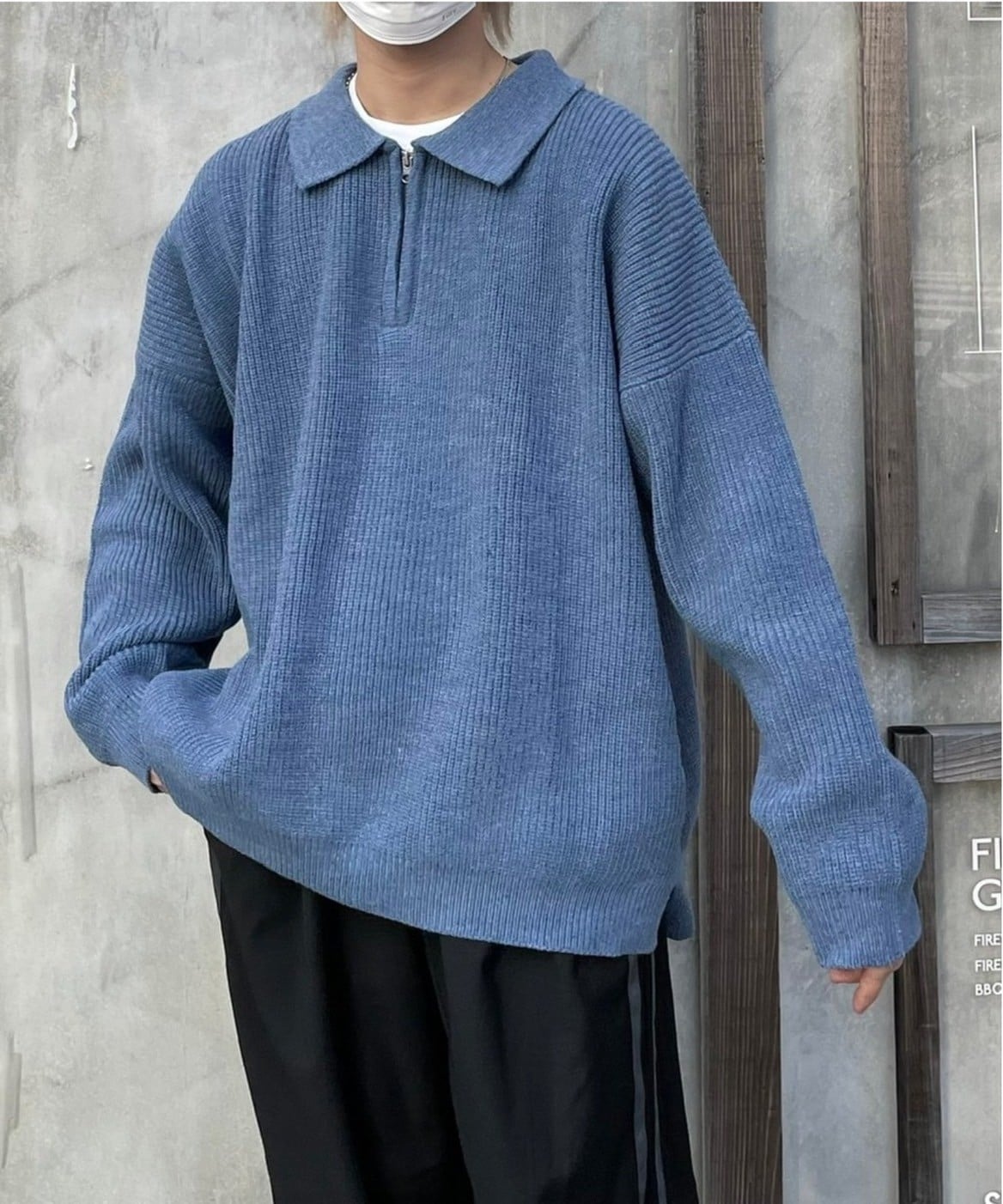 + 【Chikashitsu +】half zip knit polo ニット ニットポロ 長袖トップス ハーフジップ ネバーマインドザエックスユー／チカシツプラス トップス ニット ブラック ベージュ グレー ブルー