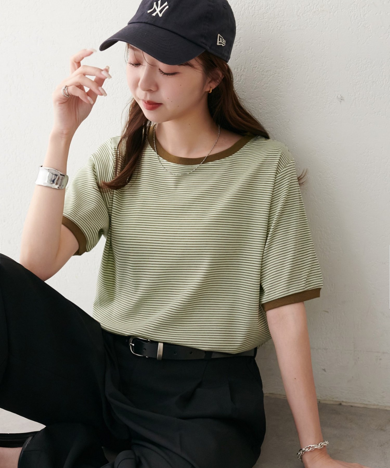 Discoat 【WEB限定】リンガーシアーボーダー半袖Tシャツ ディスコート トップス カットソー・Tシャツ ベージュ ホワイト グリーン グレー ネイビー【送料無料】