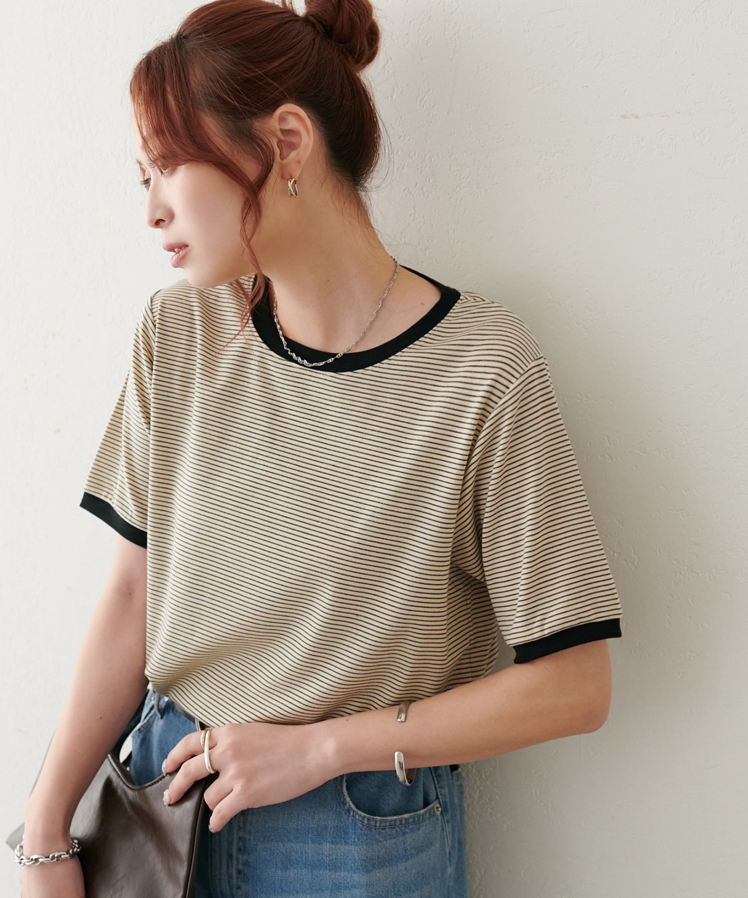 【WEB限定】リンガーシアーボーダー半袖Tシャツ ディスコート トップス カットソー・Tシャツ ベージュ ホワイト グリーン グレー ネイビー