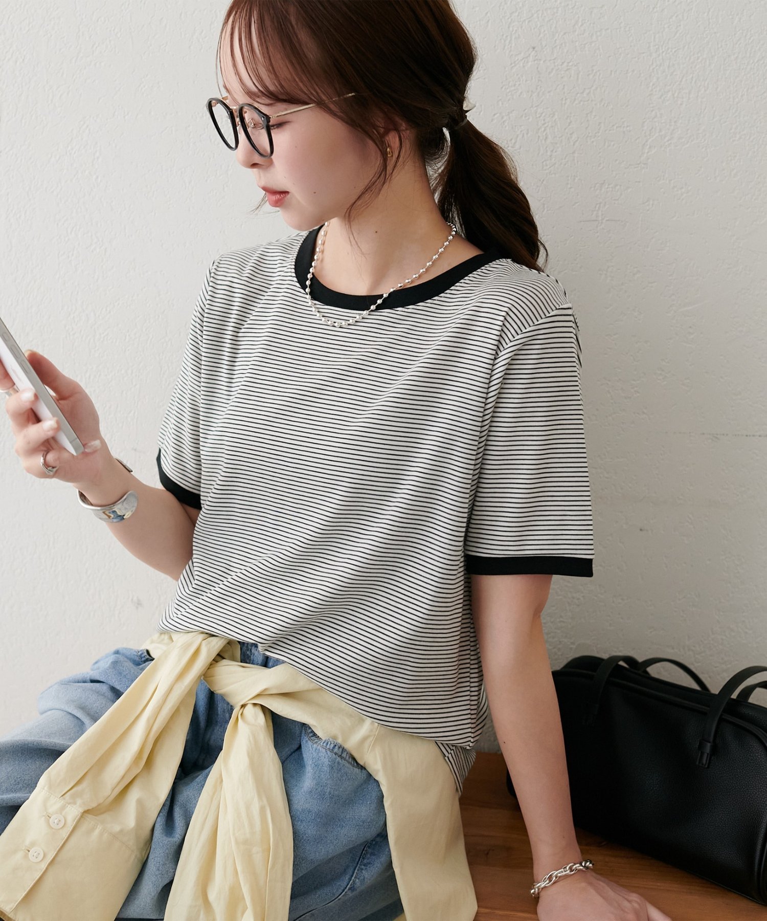 【WEB限定】リンガーシアーボーダー半袖Tシャツ ディスコート トップス カットソー・Tシャツ ベージュ ホワイト グリーン グレー ネイビー