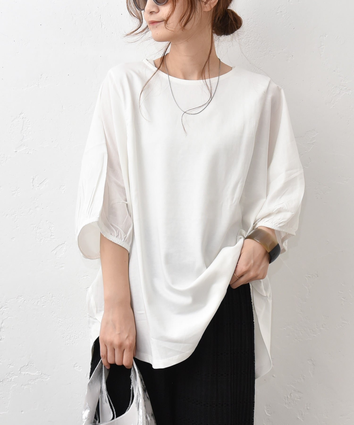 HUMS HUMS｜異素材ドルマンカットソー [[30098162]][C] ハグハグ トップス カットソー・Tシャツ ホワイト グレー