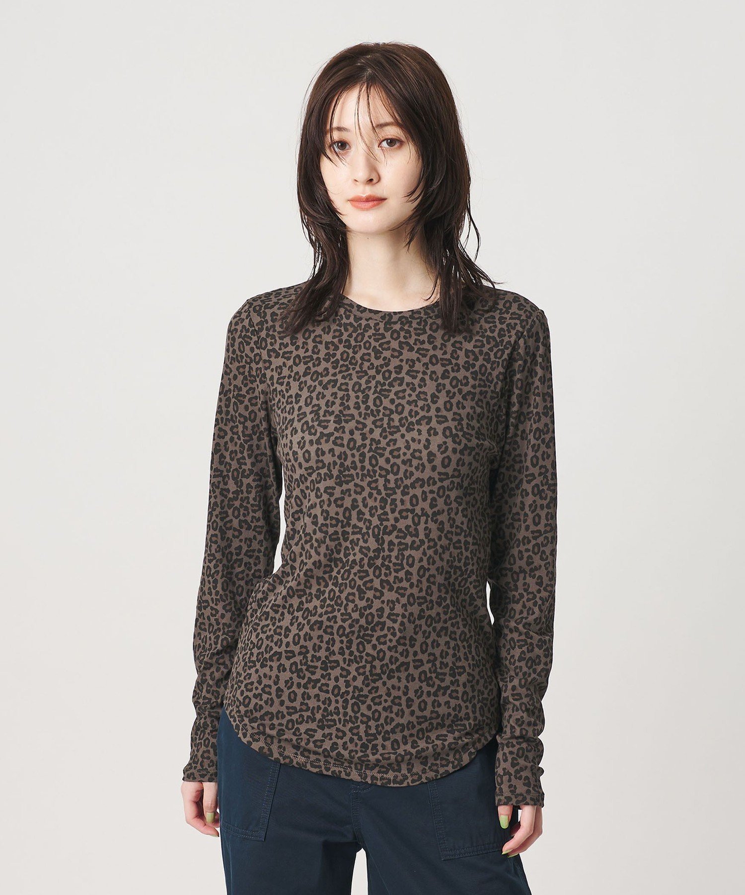 コットン レオパードプリント ロングスリーブ シアーカットソー ビューティー＆ユース ユナイテッドアローズ トップス カットソー・Tシャツ ブラウン ホワイト