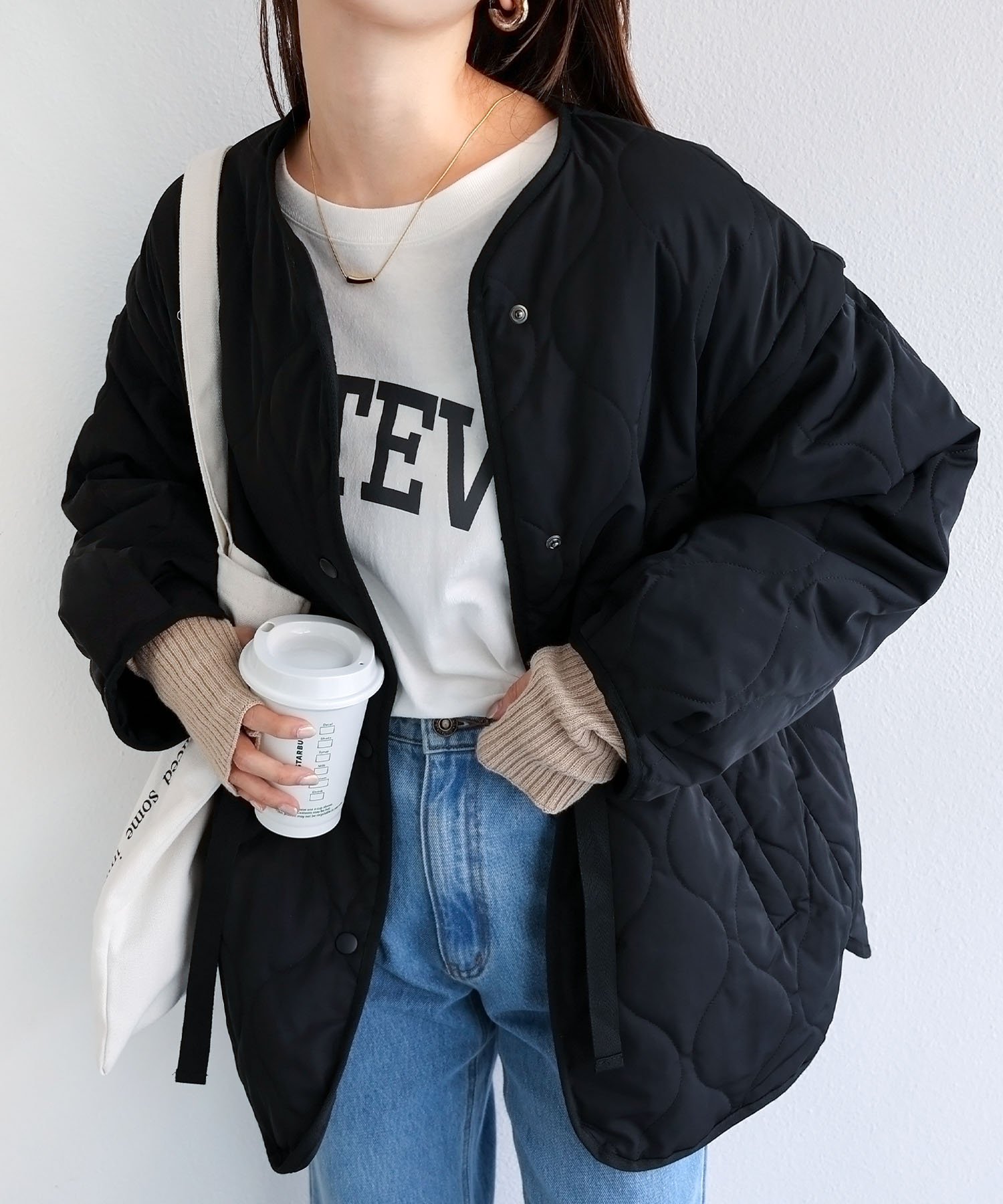 【SALE/50%OFF】andme 2way キルティング ジャケット アンドミー ジャケット・アウター ノーカラージャケット ブラック カーキグリーン ホワイト
