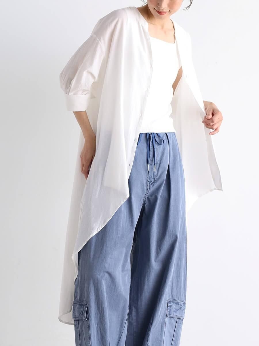 MEDOC original Black 楊柳シアーロングブラウス ラシュッド トップス シャツ・ブラウス ブラック ホワイト グレー