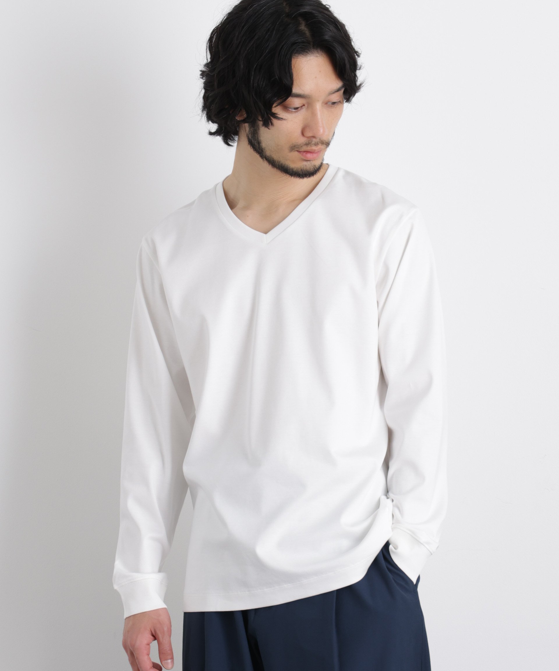 NANO universe アンチスメルVネックTシャツ 長袖 ナノユニバース トップス カットソー・Tシャツ ブラック ホワイト グレー