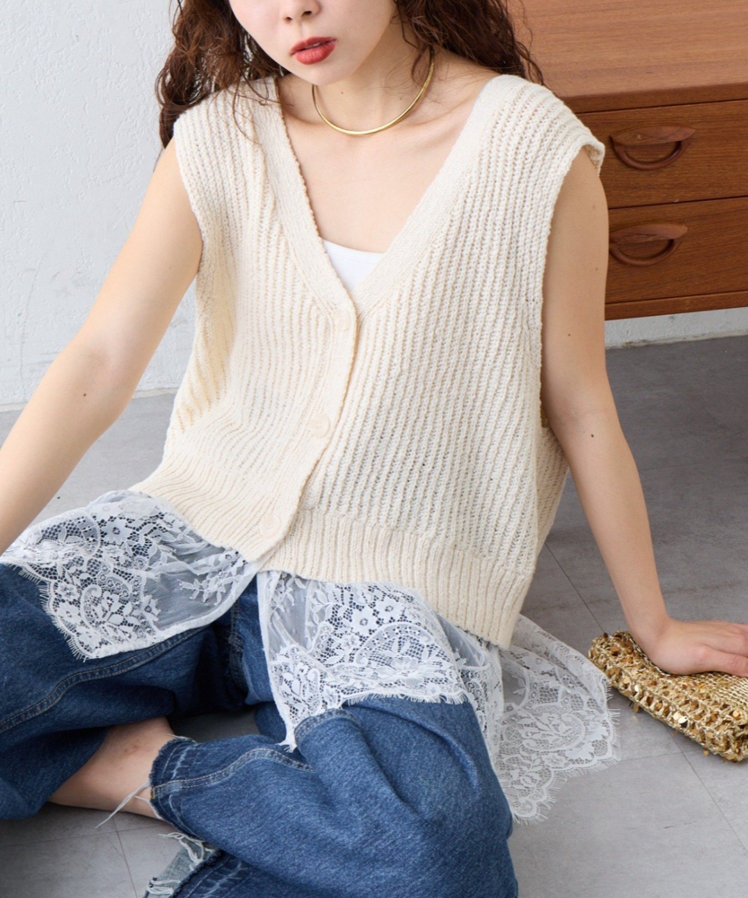 CIAOPANIC TYPY [2-Way/All-Around Flattering] Lace Hem Melange Vest - CIAOPANIC TYPY Tops, Knit, Gray, Beige, White [Free Shipping]