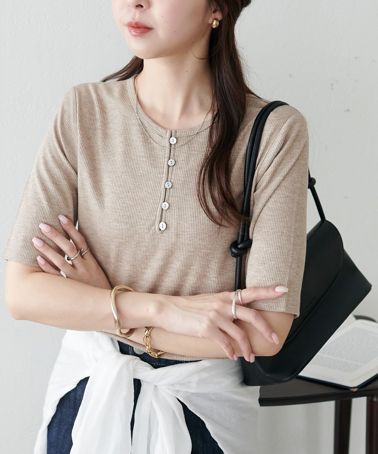 【WEB限定】ラメリブヘンリーTシャツ ディスコート トップス カットソー・Tシャツ ブラック カーキグリーン ブラウン ホワイト