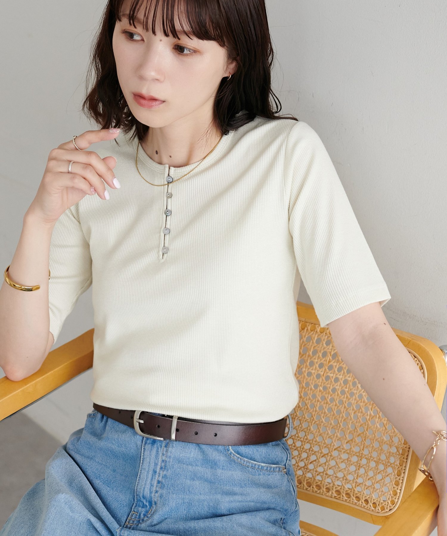 Discoat 【WEB限定】ラメリブヘンリーTシャツ ディスコート トップス カットソー・Tシャツ ブラック カーキグリーン ブラウン ホワイト【送料無料】