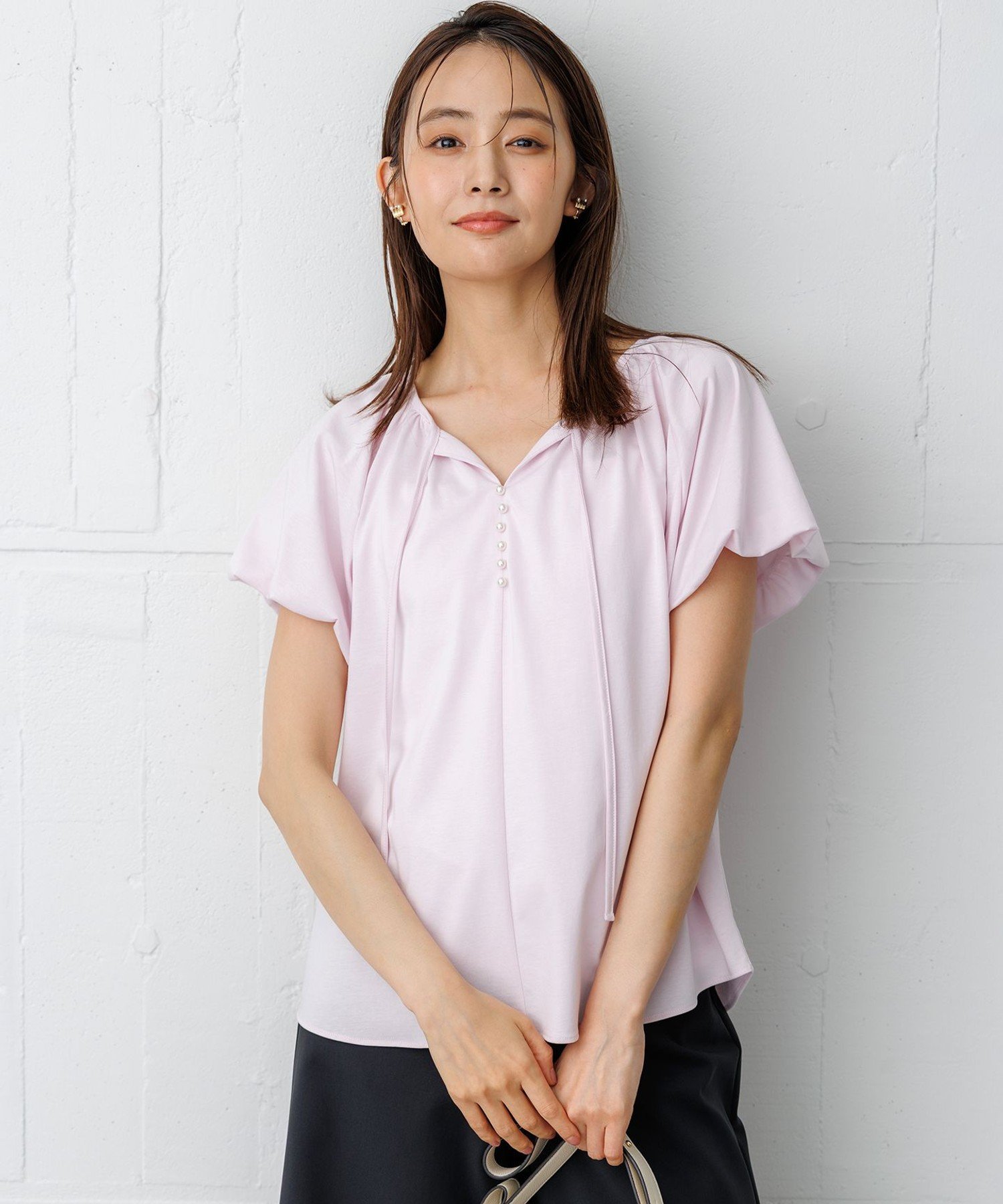 組曲 L プレーティング天竺 バルーンスリーブ カットソー クミキョク トップス カットソー・Tシャツ ネイビー ホワイト