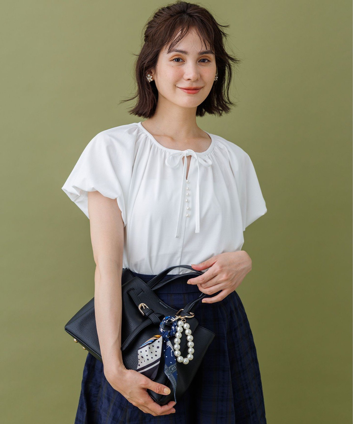組曲 L プレーティング天竺 バルーンスリーブ カットソー クミキョク トップス カットソー・Tシャツ ネイビー ホワイト