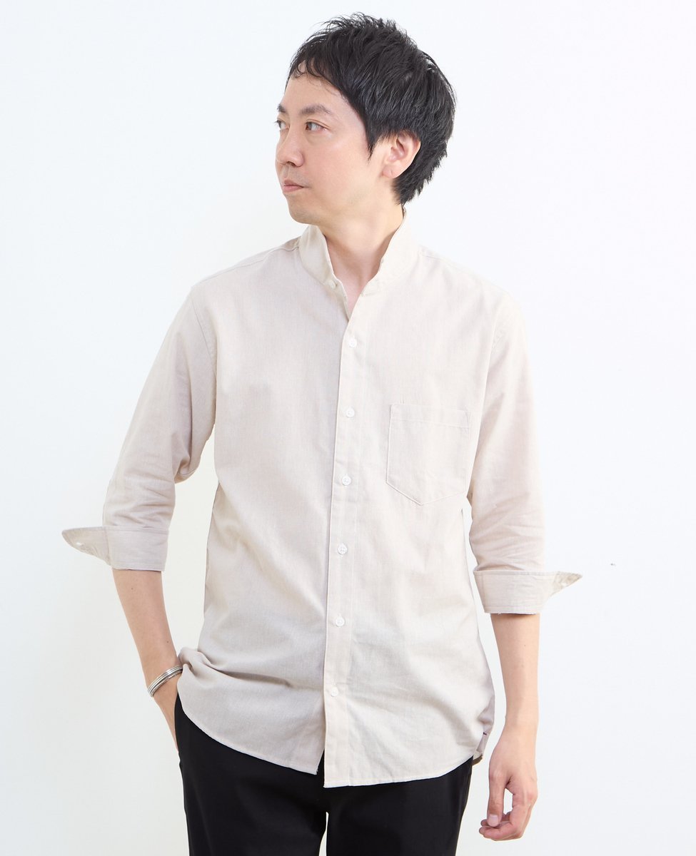 MEN'S MELROSE クールマックスリネンワンピースカラー7分袖シャツ メンズメルローズ トップス シャツ・ブラウス ブルー ネイビー ベージュ