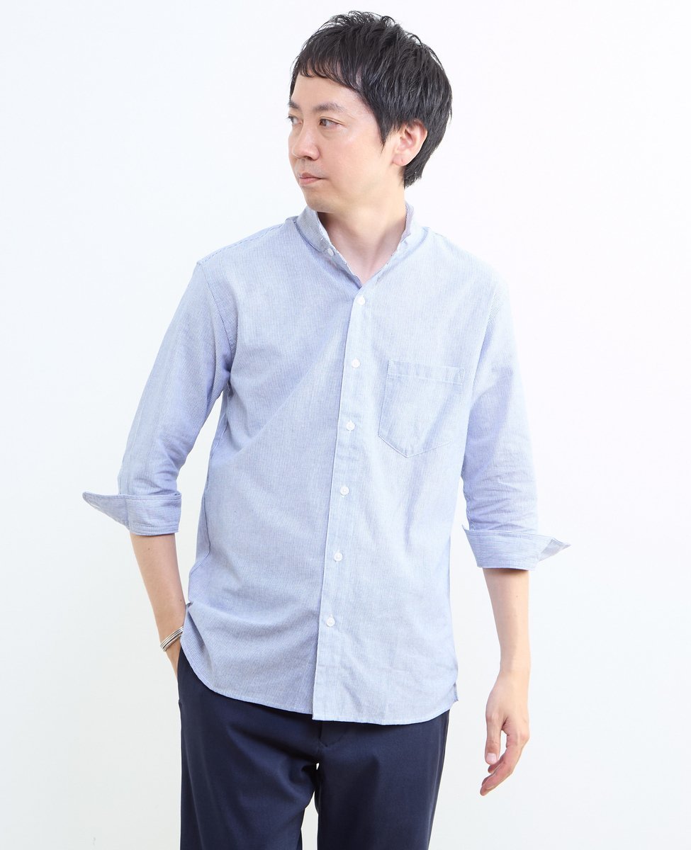 MEN'S MELROSE クールマックスリネンワンピースカラー7分袖シャツ メンズメルローズ トップス シャツ・ブラウス ブルー ネイビー ベージュ