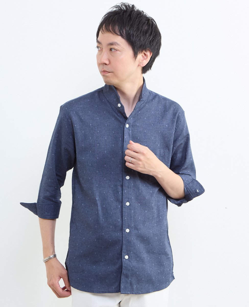 MEN'S MELROSE クールマックスリネンワンピースカラー7分袖シャツ メンズメルローズ トップス シャツ・ブラウス ブルー ネイビー ベージュ