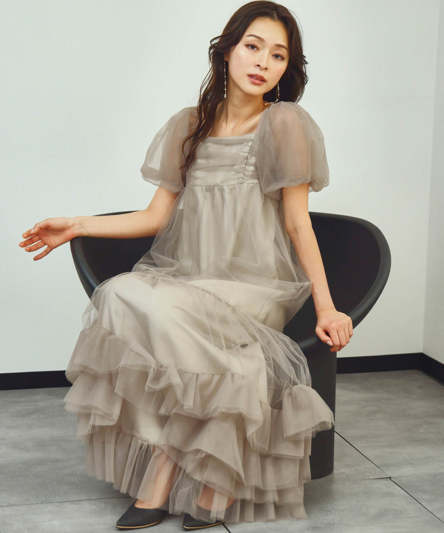 GIRL チュール パフスリーブ 裾フリル エンパイア ロング 結婚式 ワンピース リバーフィールド アンド コー ワンピース・ドレス ドレス【送料無料】